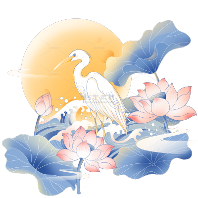 白露国风白鹭莲花月亮场景插画元素