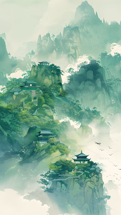 中国风新中式水墨绿色云雾山水背景