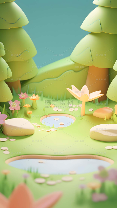 春天春季春日3D立体C4D微缩植物产品背景场景图片素材