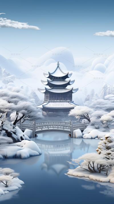 冬季冬天通用插画中国风中式古建筑自然山水积雪场景背景