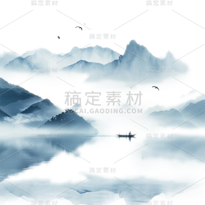 中国风通用蓝色水墨山水渔舟组合元素素材