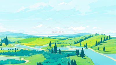 风光系列清新感山坡河流卡通插画（td）