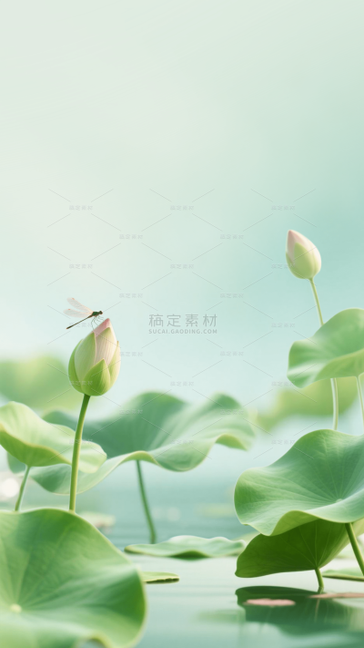 小暑大暑光影感荷花荷叶蜻蜓近景背景