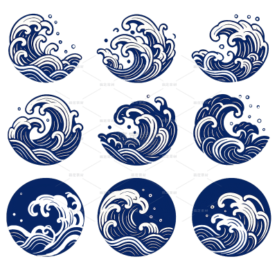 图标系列蓝色国风手绘浪花图标组合元素（td）