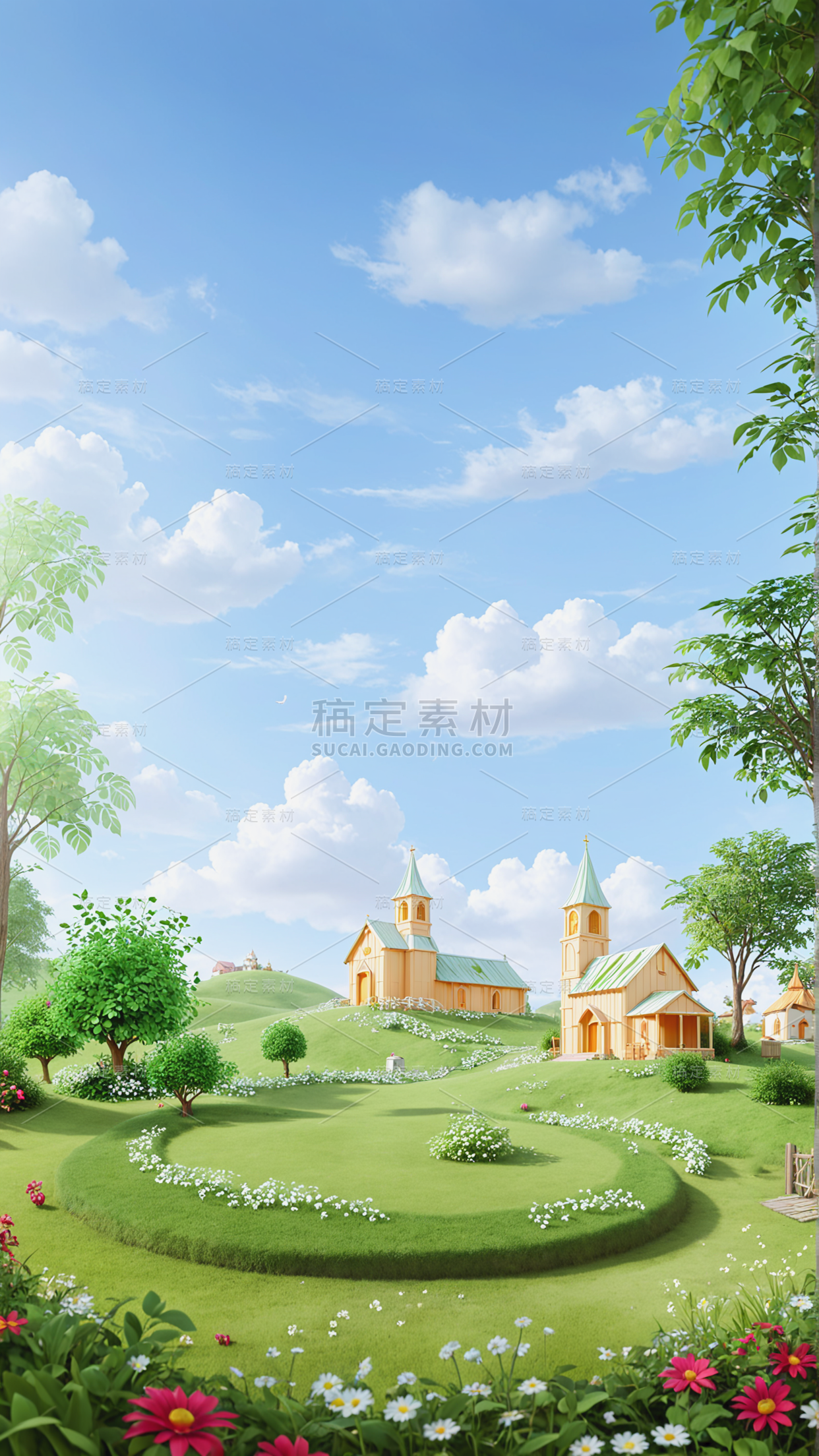 风光系列3D-建筑草地场景通用背景素材
