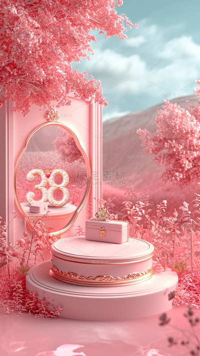 三八妇女节女神节女王节3D浪漫感实景粉色展台背景图片素材AIGC