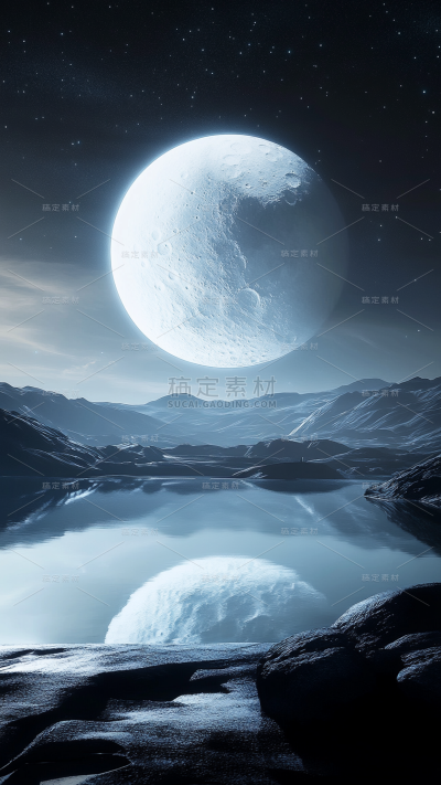 宇宙系列拟物感插画山脉河流+发光星球
