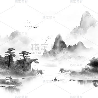 中国风通用水墨山水植物组合元素素材