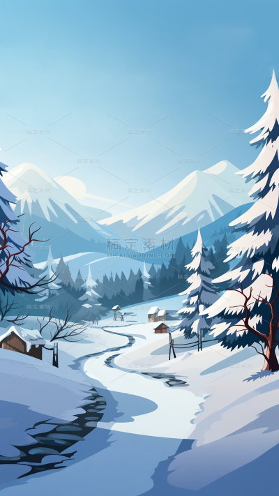 冬季冬天卡通感插画雪景场景背景图片素材