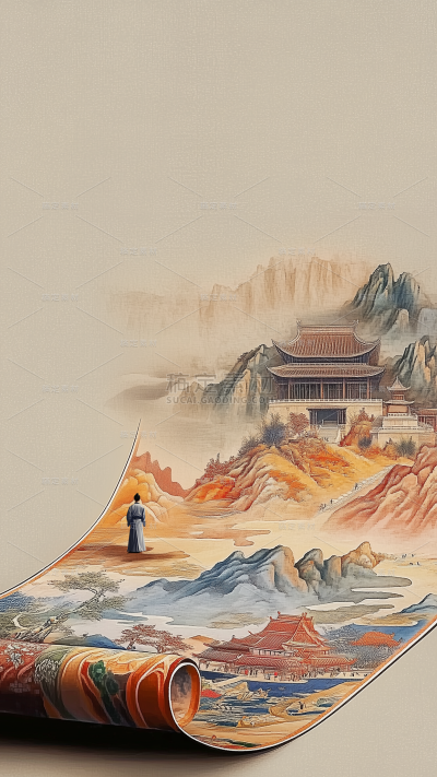 国庆通用卷轴山建筑背景