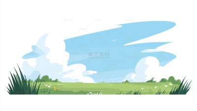 风光系列插画风室外草地白云插画（td）