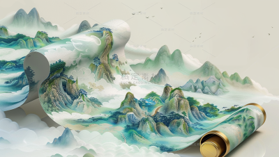 通用中国风水墨绿色卷轴山水背景素材