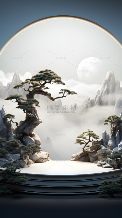 通用电商传统中国风中式自然山树风景圆形展台场景背景