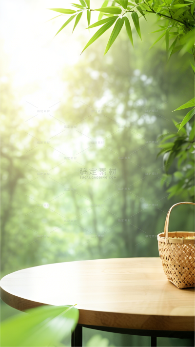 常规背景系列清新感树叶木桌木篮背景
