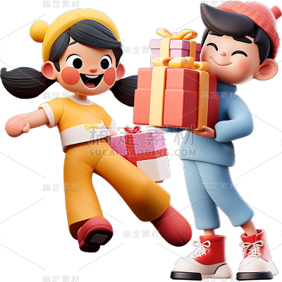 通用3D卡通感双人多人购物人物元素贴纸