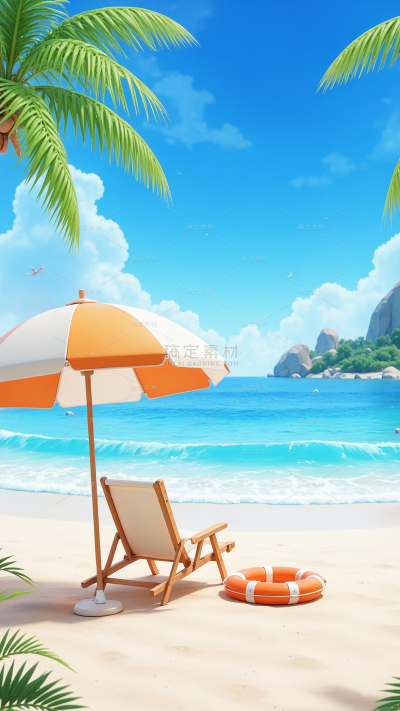 风光系列3D救生圈夏日海滩蓝天白云椰子树
