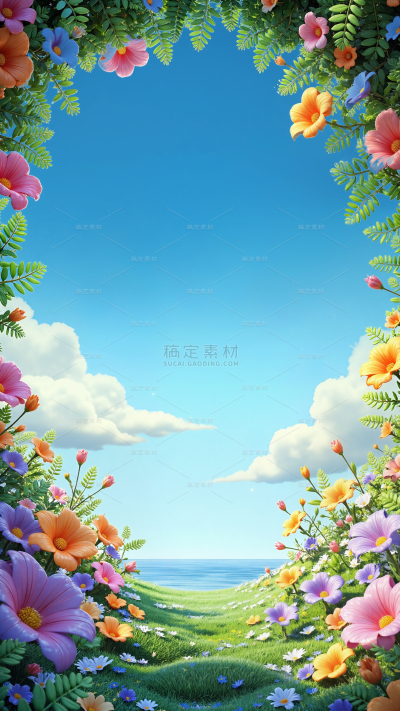 背景系列3D花卉环绕蓝天白云背景