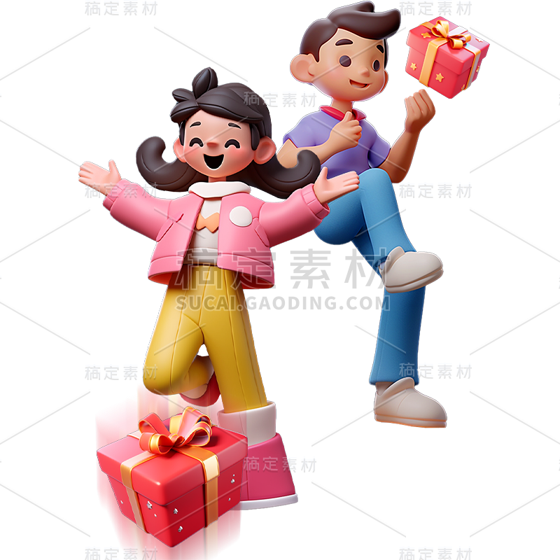 通用3D卡通感双人多人购物人物元素贴纸