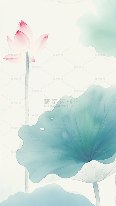 夏日中国风-荷花荷叶水墨晕染淡彩背景图片