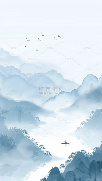 中国风通用青蓝色古风山水背景场景图片素材