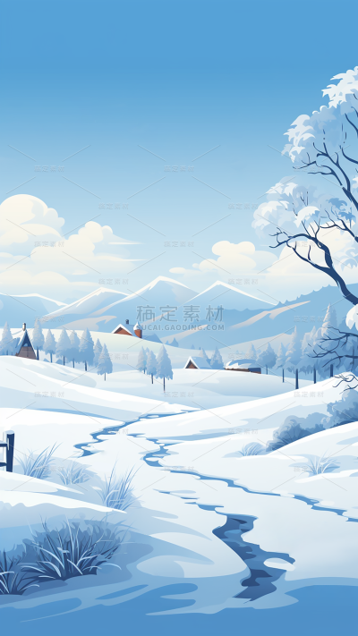 冬季冬天卡通感插画雪景场景背景图片素材