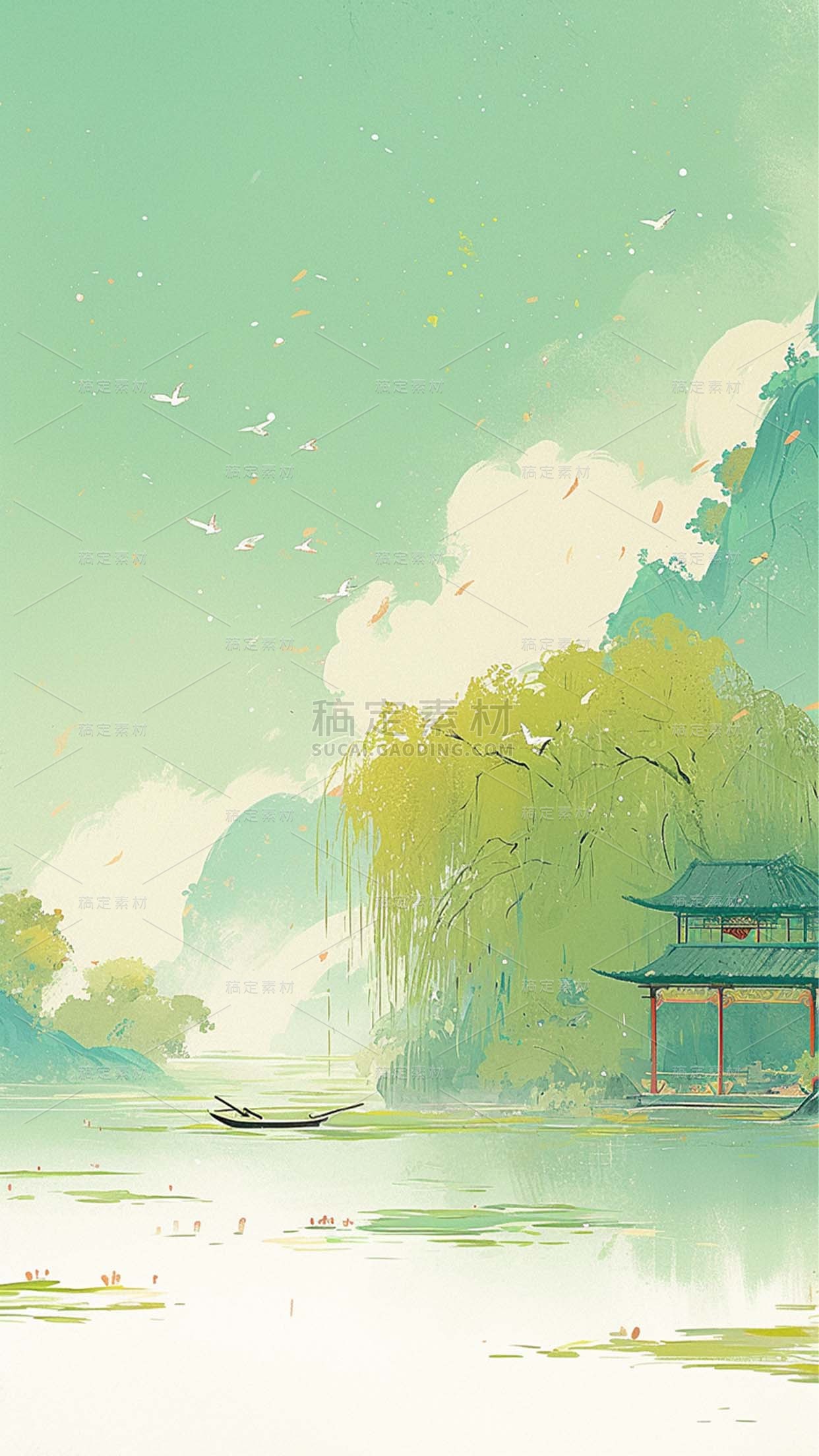 清明通用水墨风山水柳叶插画背景场景图片素材