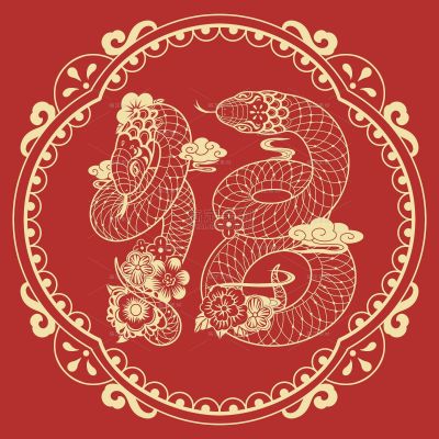 蛇年春节中式蛇福字剪纸纹理祥云元素