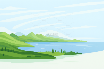 背景系列插画风自然景观湖泊草地蓝天背景图片(td)