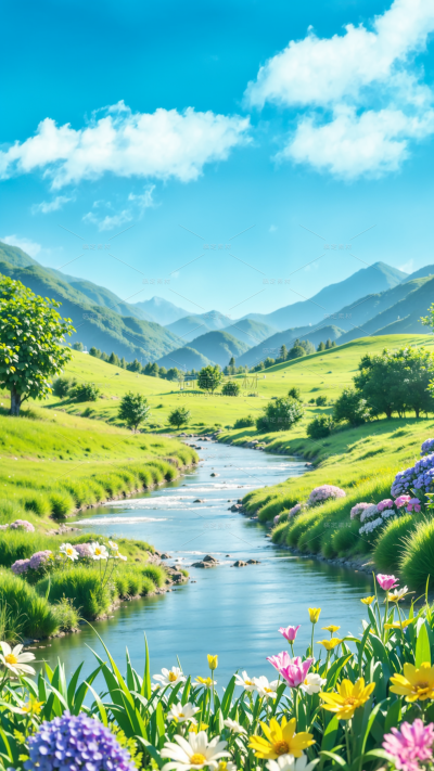 背景系列唯美感山脉草坪鲜花河流背景