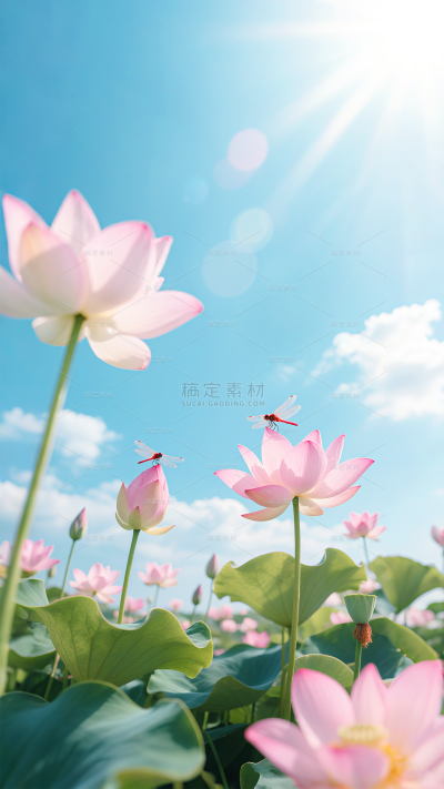 小暑大暑光影感蝴蝶蜻蜓荷花池塘场景背景