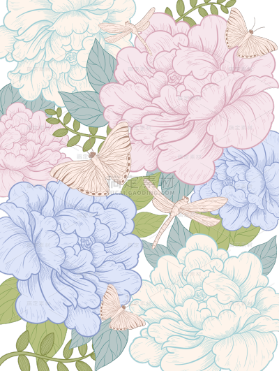 植物通用插画无缝牡丹花朵背景组合元素素材
