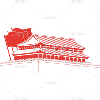 国庆10.1通用线条剪影中式建筑场景元素素材
