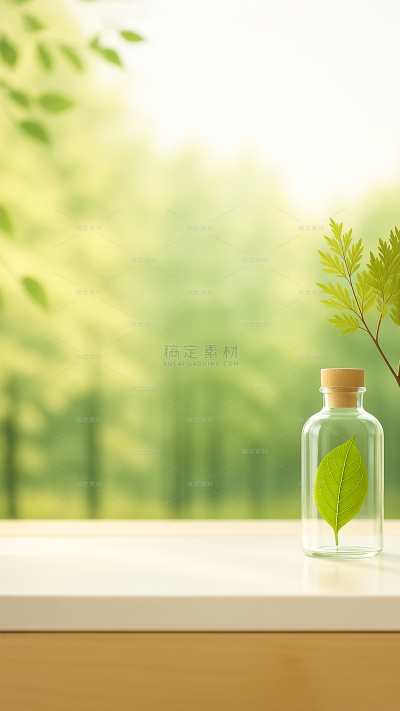 背景系列清新感绿色自然植物玻璃瓶特写白色台面朦胧背景