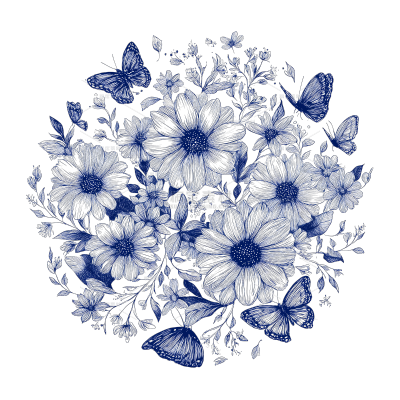 植物系列手绘风蓝色花卉蝴蝶组合元素插画（td）