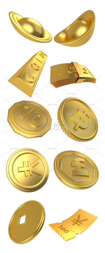 2309SC-素材组合-C4D金色金币元素常规贴纸