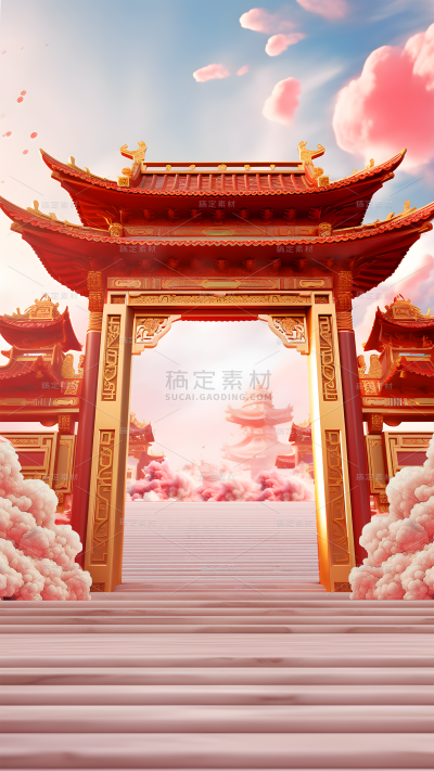 年货节3D立体中国风中式开门红展台建筑背景图片
