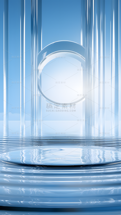 通用电商简约风纯色蓝色水面透明玻璃圆形展台场景背景
