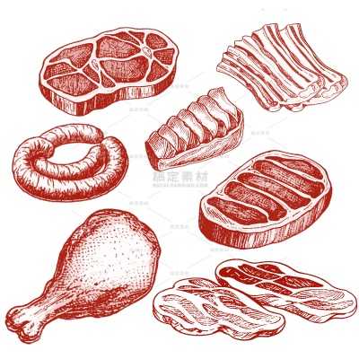 美食系列复古风红色肉类食物线稿（td）