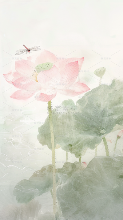 夏日中国风-荷花荷叶水墨晕染无描线工笔画图片背景