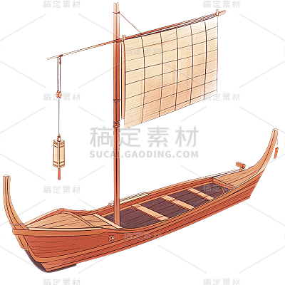 交通系列描边国风手绘孤舟贴纸