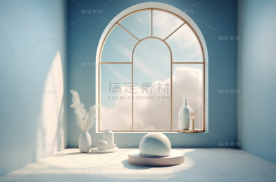 carl kleiner风格的白色背景和拱形窗户的三维渲染图，球体，柔和的梦境，大气装置