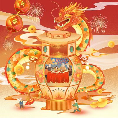 龙年春节新春新年过年除夕中国风中式微缩年俗场景插画组合图片素材