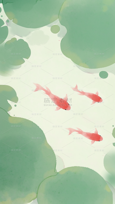 夏日中国风-荷塘锦鲤水墨晕染淡彩背景图片