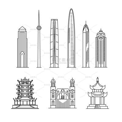 建筑系列简约线稿中国城市建筑元素（td）