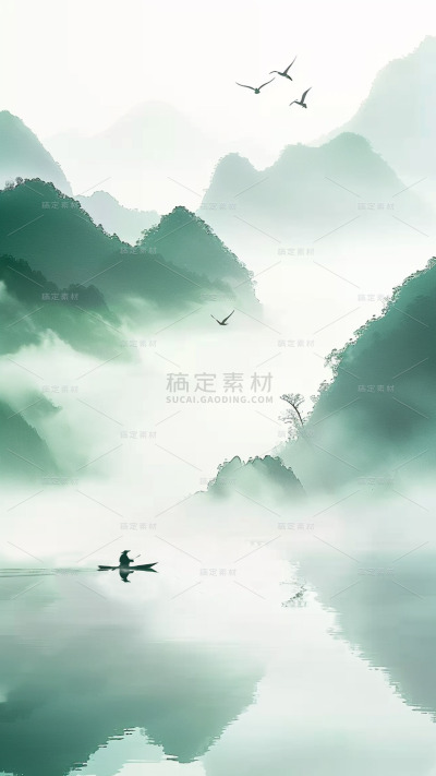 中国风通用春绿色古风山水云雾意境竖版图片素材