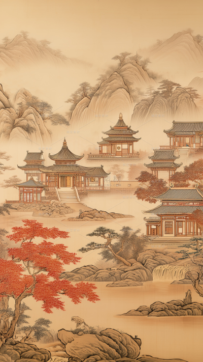 中国风系列传统中式山水园林水墨插画图片