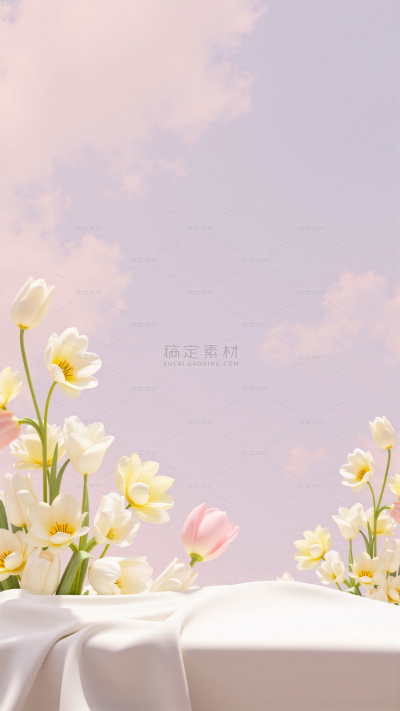 常规写实风唯美花朵织物展台背景