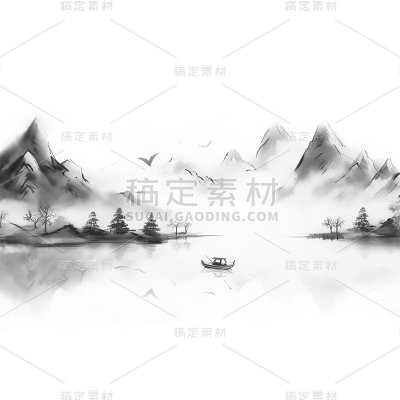 中国风通用水墨山水场景组合元素素材