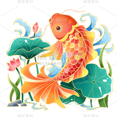 生产素材通用手绘描边锦鲤插画动物贴纸元素素材