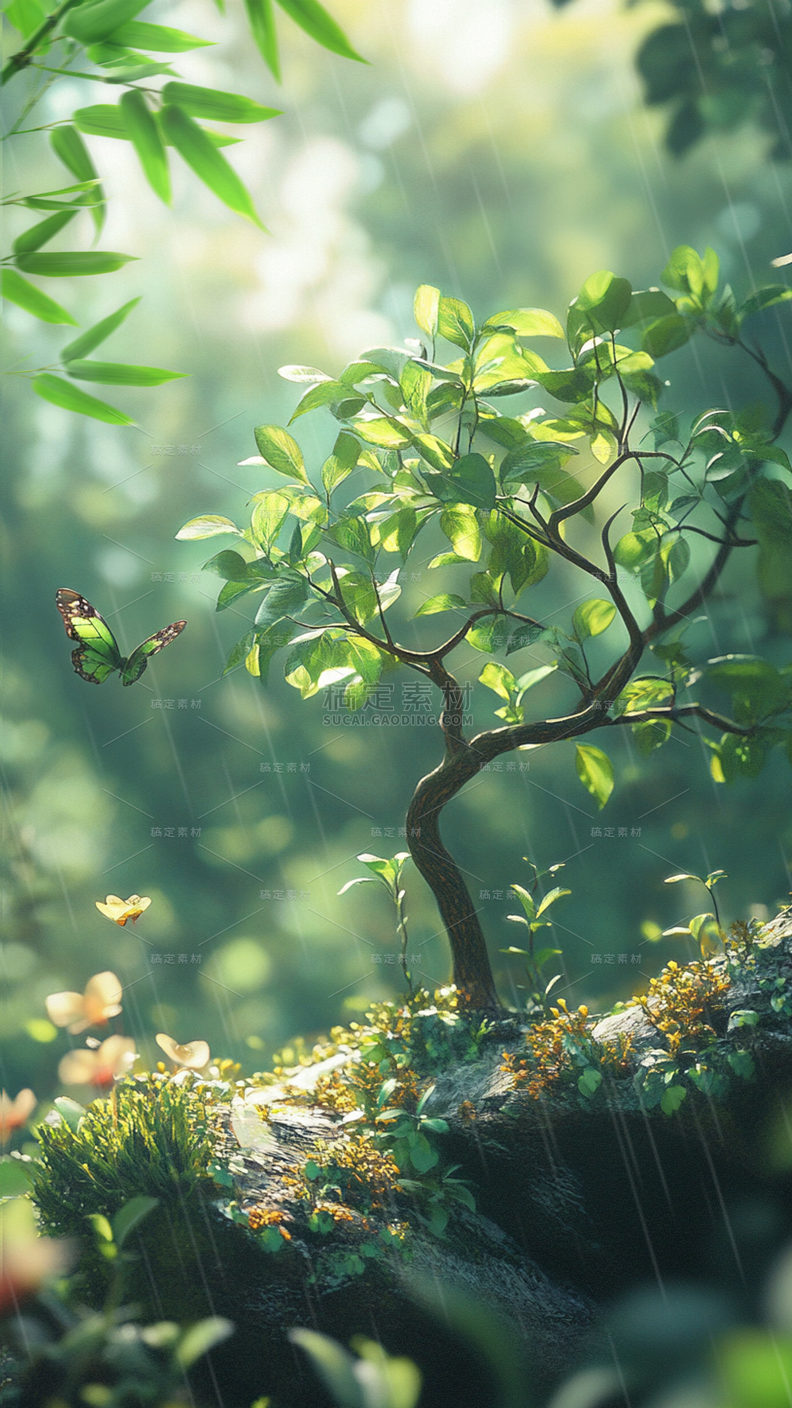 清明节光影感实景雨植物小鸟背景